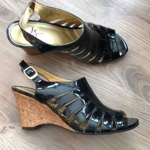 Patent leather strappy wedge sandals